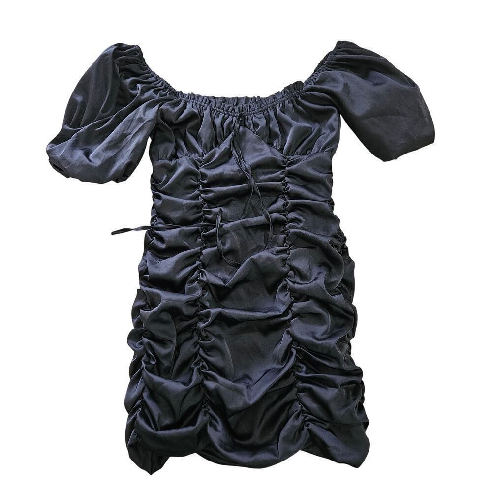 Mable Black Ruched Mini Dress Off Shoulder Puff Short Sleeves Size Small.
